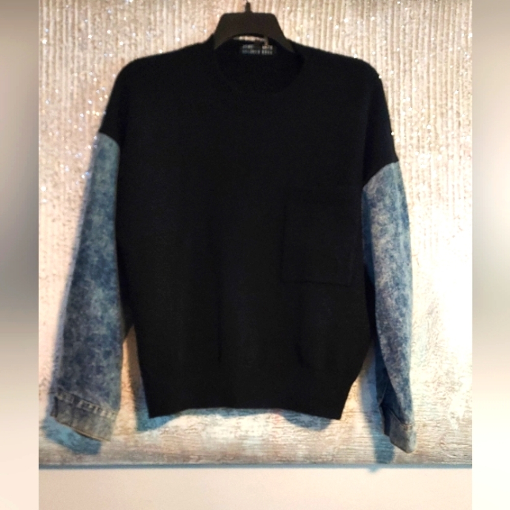Endless Rose Oversized Knit Sweater With Denim Long Sleeves Crewneck  Sz-L